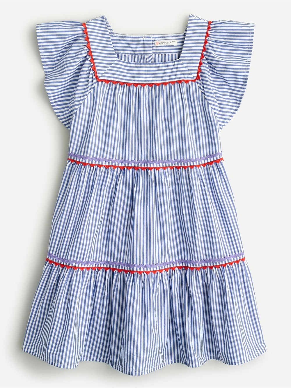 Girls' ruffle-sleeve striped dress with rickrack